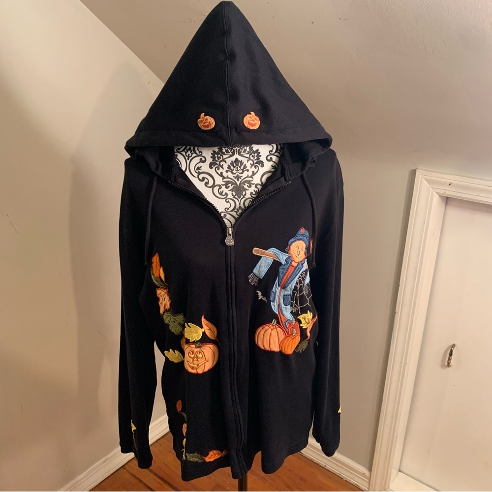 Karen Scott Sport Full Zip Up Sweater Women’s Medium Black Embroidered Halloween